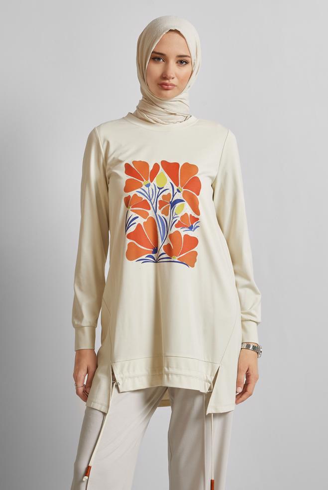 Hijab clothing ECRU PRINTED TRACKSUIT TUNIC 45548 - ALVİNA