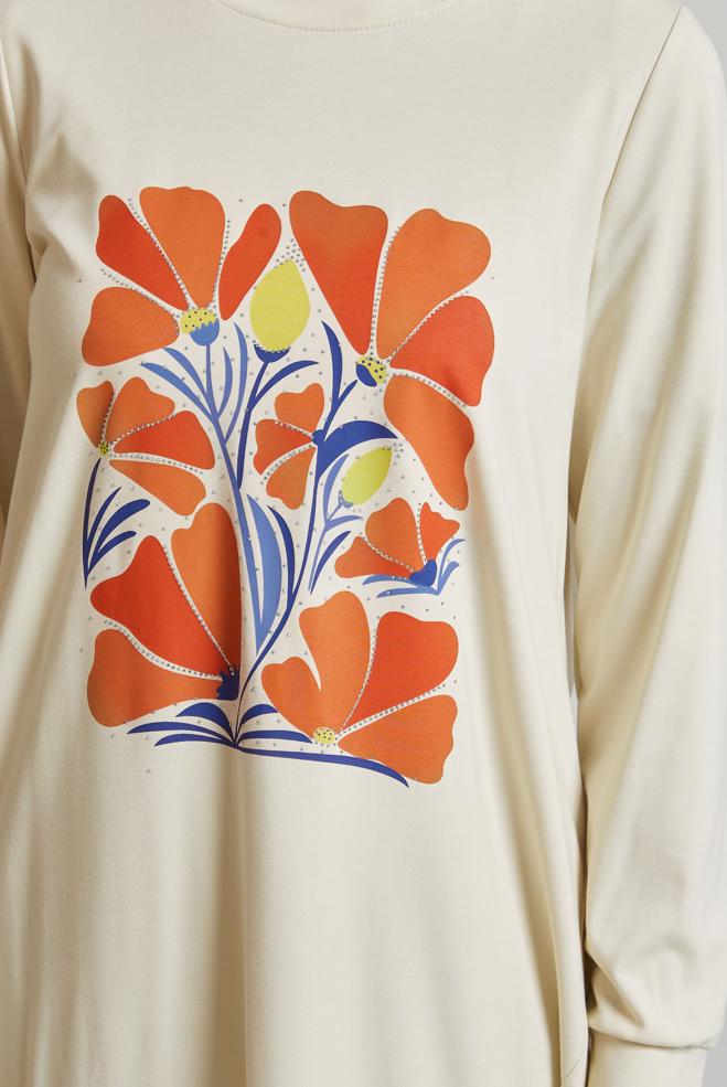 Hijab clothing ECRU PRINTED TRACKSUIT TUNIC 45548 - ALVİNA