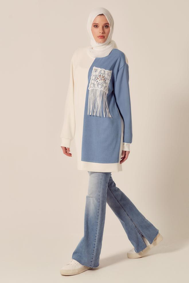 Hijab-Kleidung WEISS TRAININGSTUNIKA MIT FRANSEN 45569 - ALVİNA