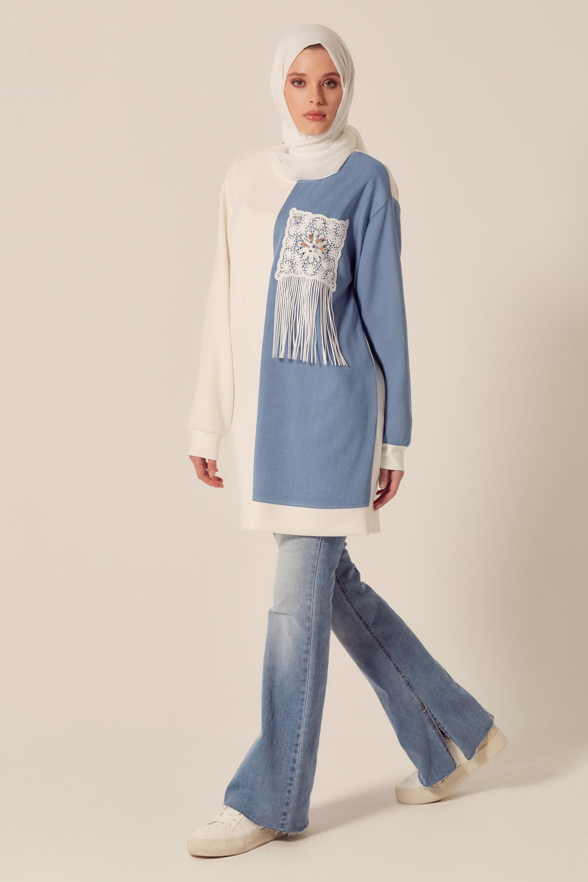 Tesettür giyim BEYAZ PÜSKÜL DETAYLI EŞOFMAN TUNİK 45569