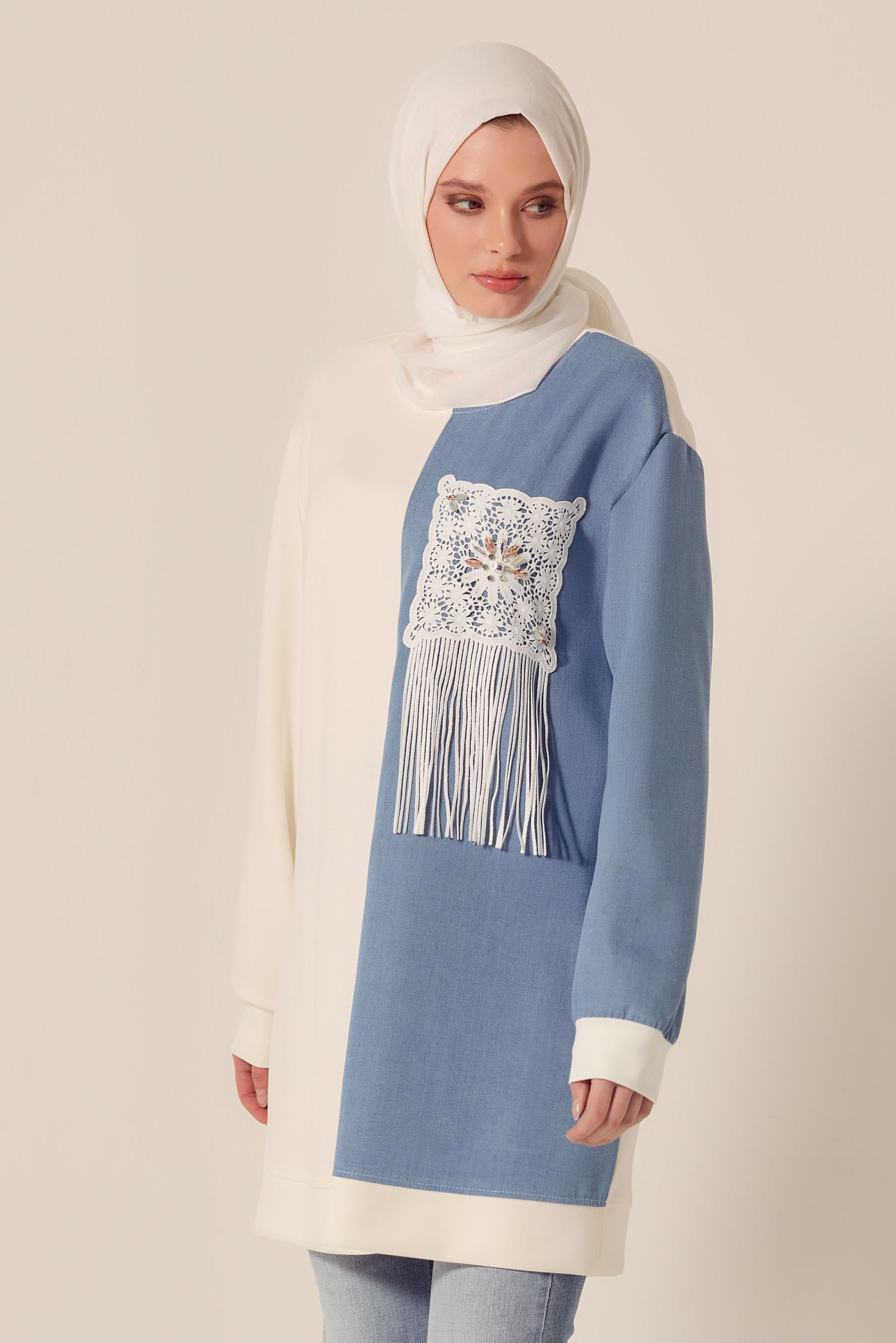 Tesettür giyim BEYAZ PÜSKÜL DETAYLI EŞOFMAN TUNİK 45569