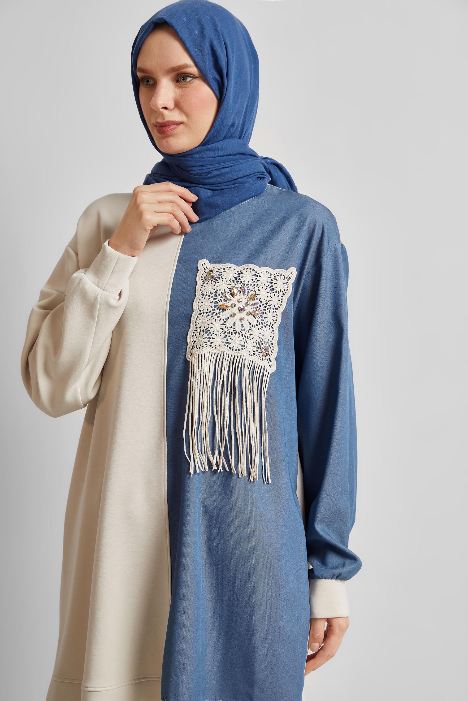 Tesettür giyim BEJ PÜSKÜL DETAYLI EŞOFMAN TUNİK 45569