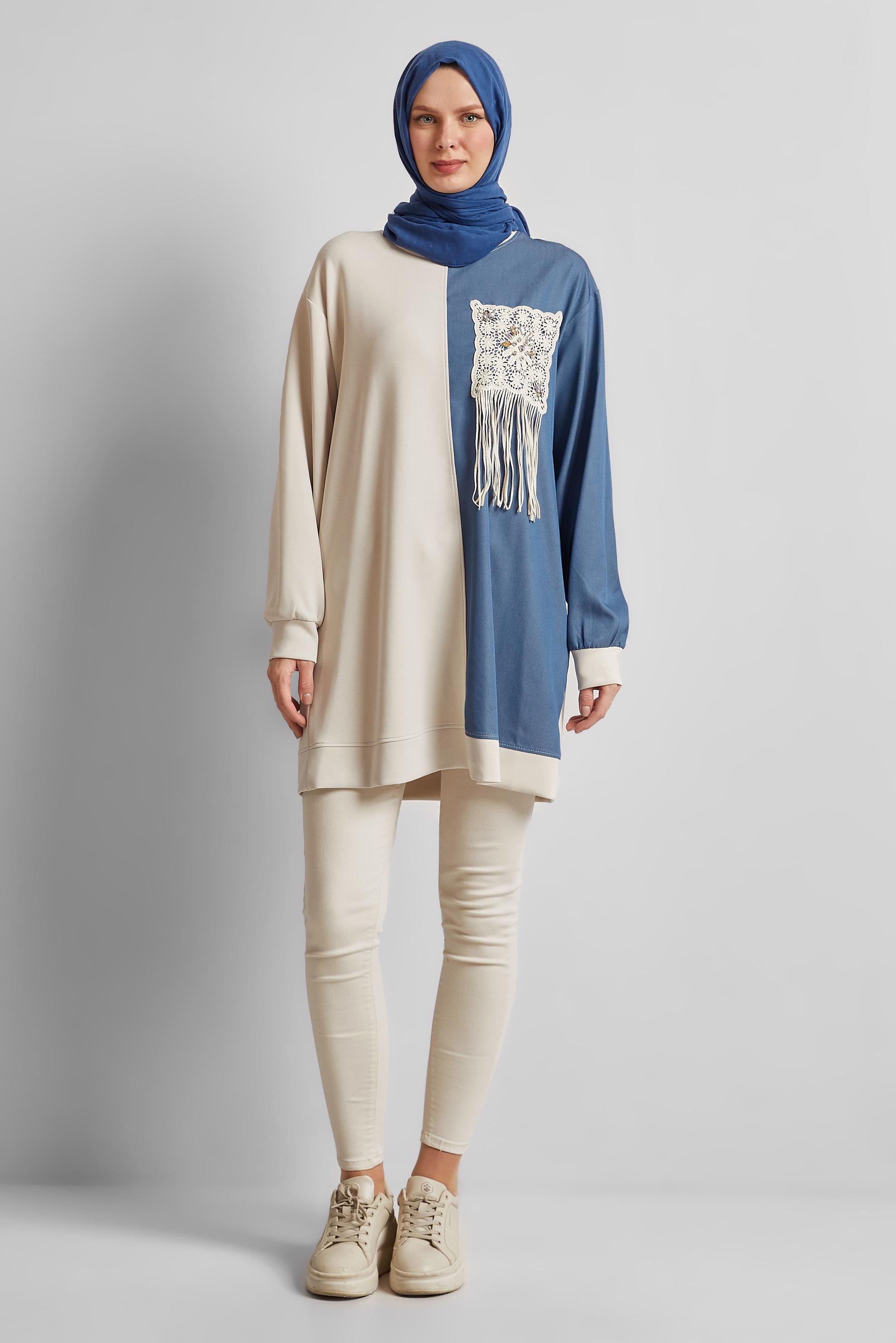 Tesettür giyim BEJ PÜSKÜL DETAYLI EŞOFMAN TUNİK 45569