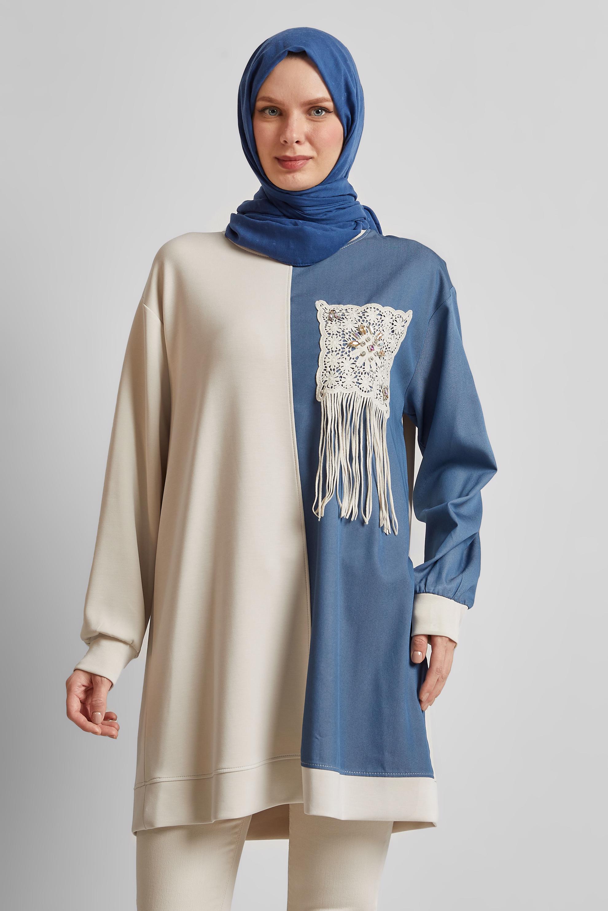 Tesettür giyim BEJ PÜSKÜL DETAYLI EŞOFMAN TUNİK 45569