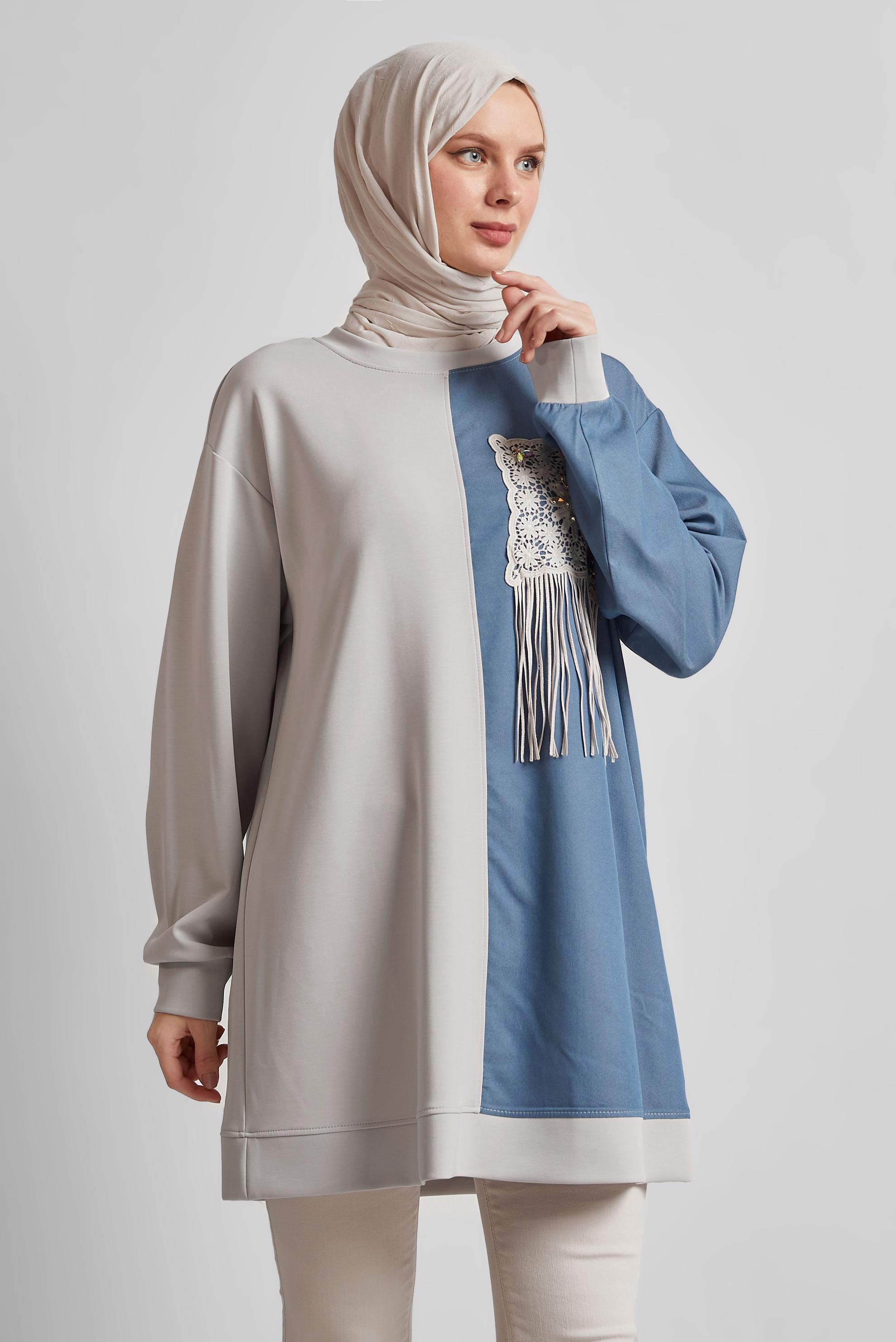 Tesettür giyim BEJ PÜSKÜL DETAYLI EŞOFMAN TUNİK 45569