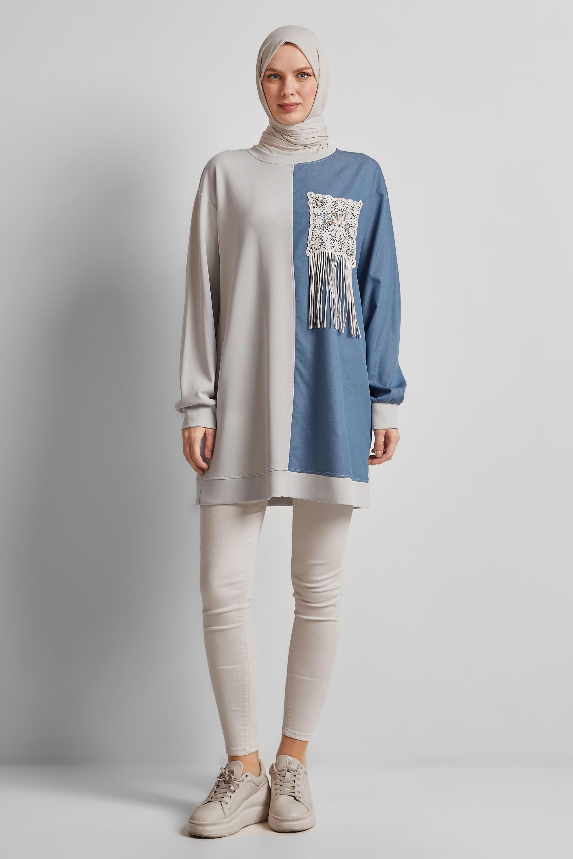 Tesettür giyim BEJ PÜSKÜL DETAYLI EŞOFMAN TUNİK 45569