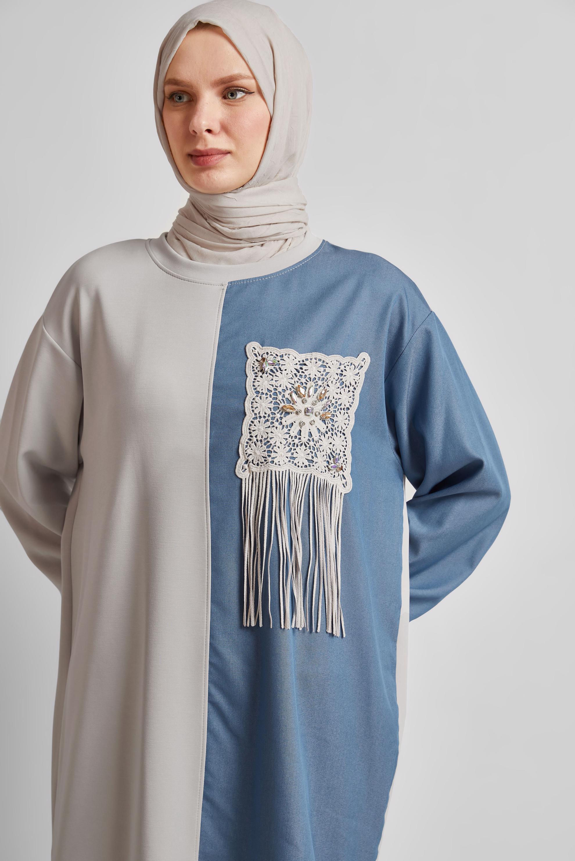 Tesettür giyim BEJ PÜSKÜL DETAYLI EŞOFMAN TUNİK 45569