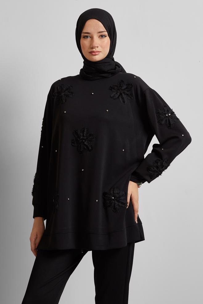 Hijab clothing BLACK TRACKSUIT TUNIC WITH GEM 45570 - ALVİNA