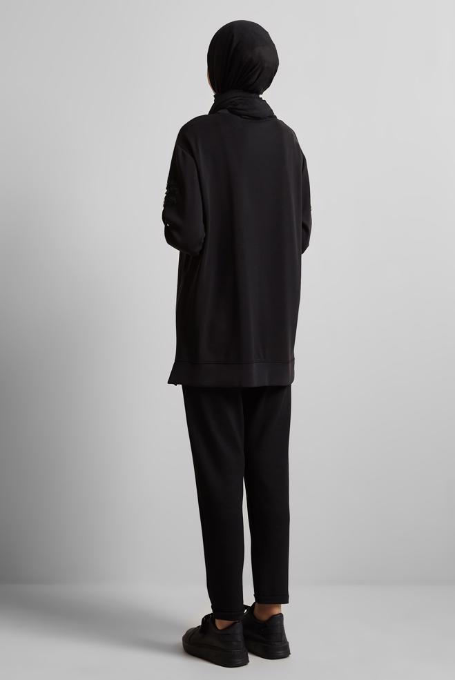 Hijab clothing BLACK TRACKSUIT TUNIC WITH GEM 45570 - ALVİNA