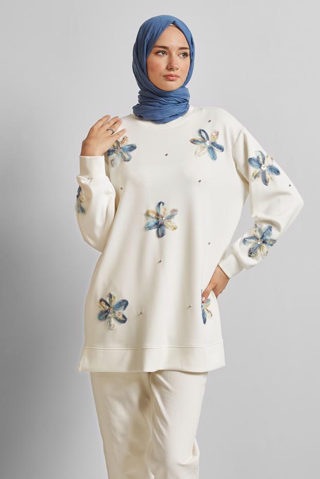 Hijab-Kleidung WEISS TRAININGSANZUG-TUNIKA MIT SCHMUCKSTEIN 45570 - ALVİNA