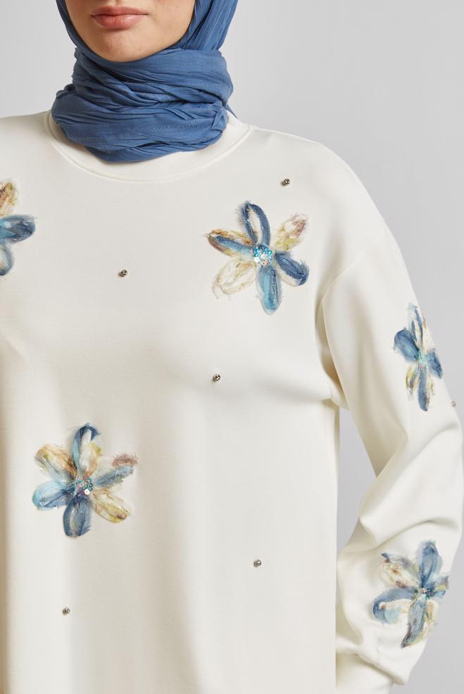 Hijab-Kleidung WEISS TRAININGSANZUG-TUNIKA MIT SCHMUCKSTEIN 45570 - ALVİNA