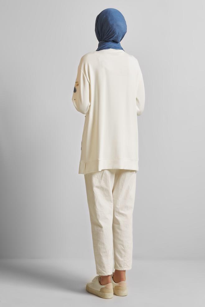 Hijab-Kleidung WEISS TRAININGSANZUG-TUNIKA MIT SCHMUCKSTEIN 45570 - ALVİNA