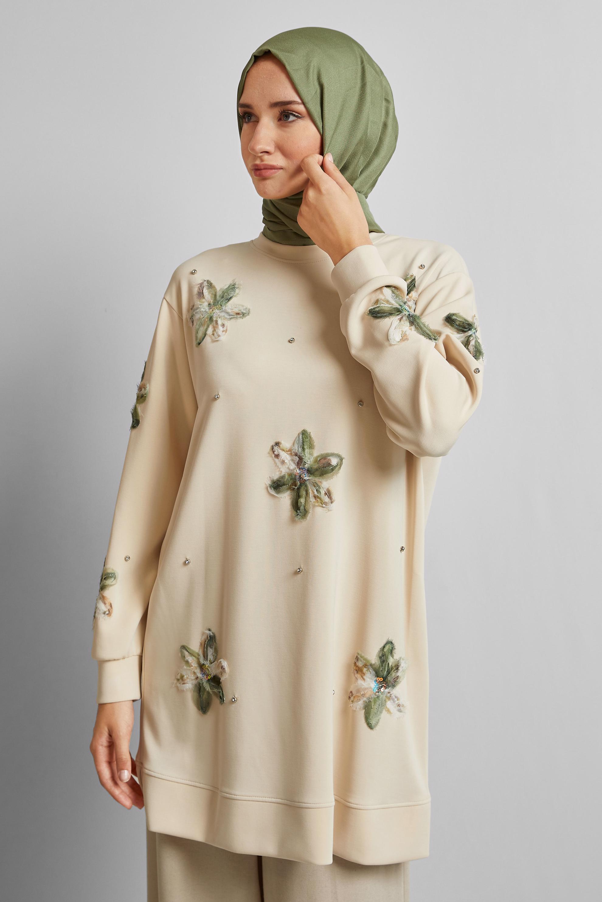 Tesettür giyim BEJ TAŞ BASKILI EŞOFMAN TUNİK 45570