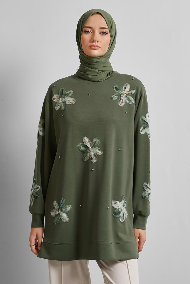 Hijab-Kleidung KHAKI TRAININGSANZUG-TUNIKA MIT SCHMUCKSTEIN 45570 - ALVİNA