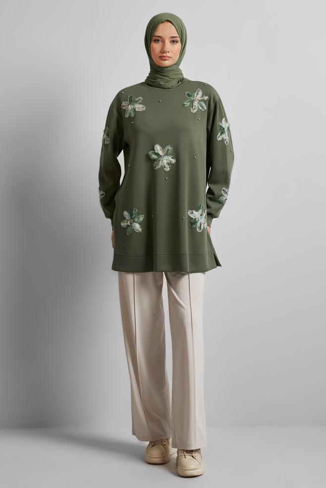 Hijab-Kleidung KHAKI TRAININGSANZUG-TUNIKA MIT SCHMUCKSTEIN 45570 - ALVİNA