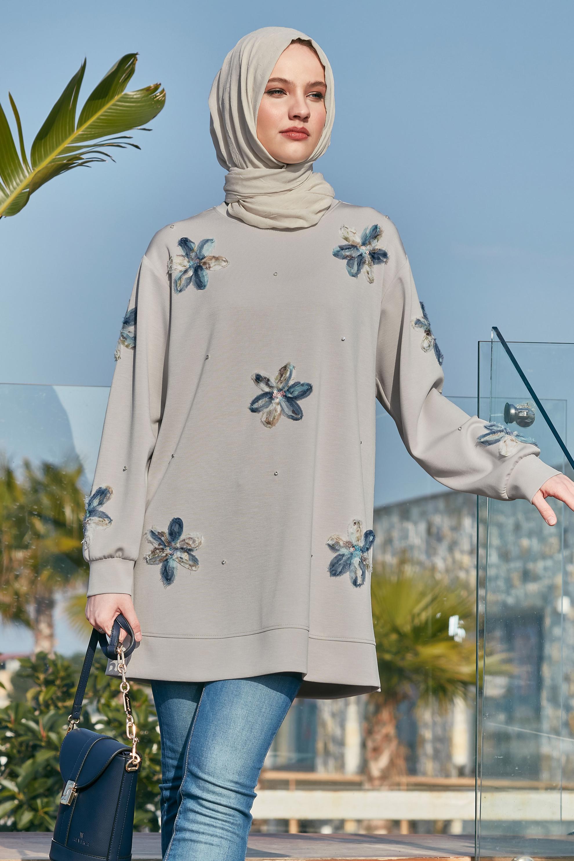 Tesettür giyim BEJ TAŞ BASKILI EŞOFMAN TUNİK 45570