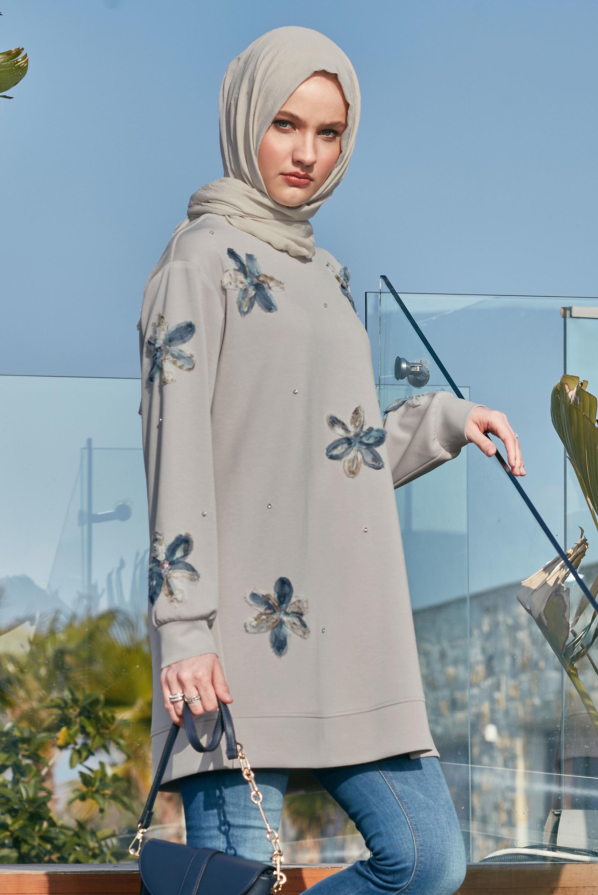 Tesettür giyim BEJ TAŞ BASKILI EŞOFMAN TUNİK 45570