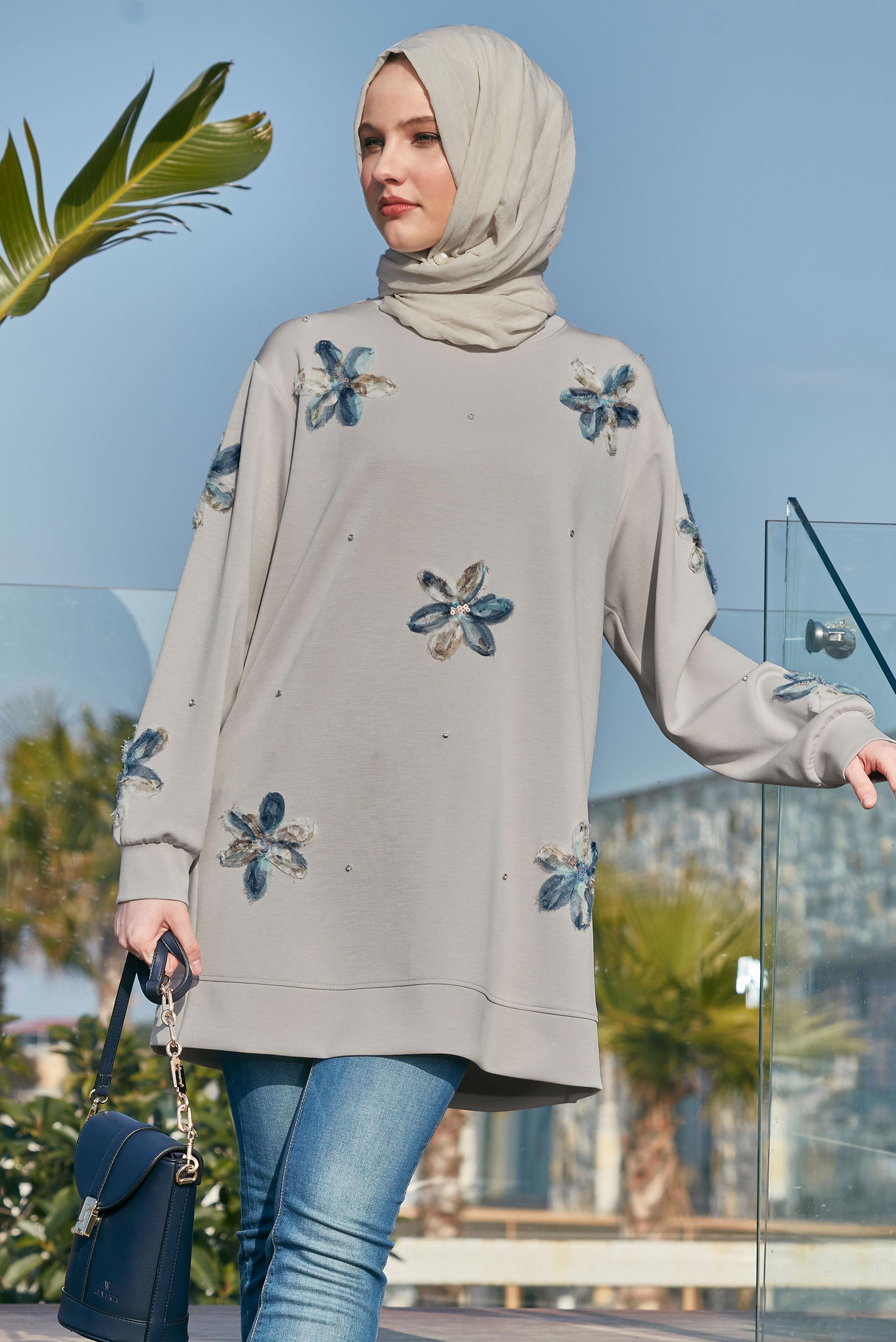 Tesettür giyim BEJ TAŞ BASKILI EŞOFMAN TUNİK 45570