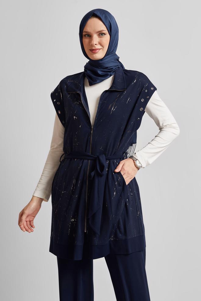 Hijab-Kleidung NAVY BLAU TRAININGSANZUG MIT GÜRTEL 45573 - ALVİNA