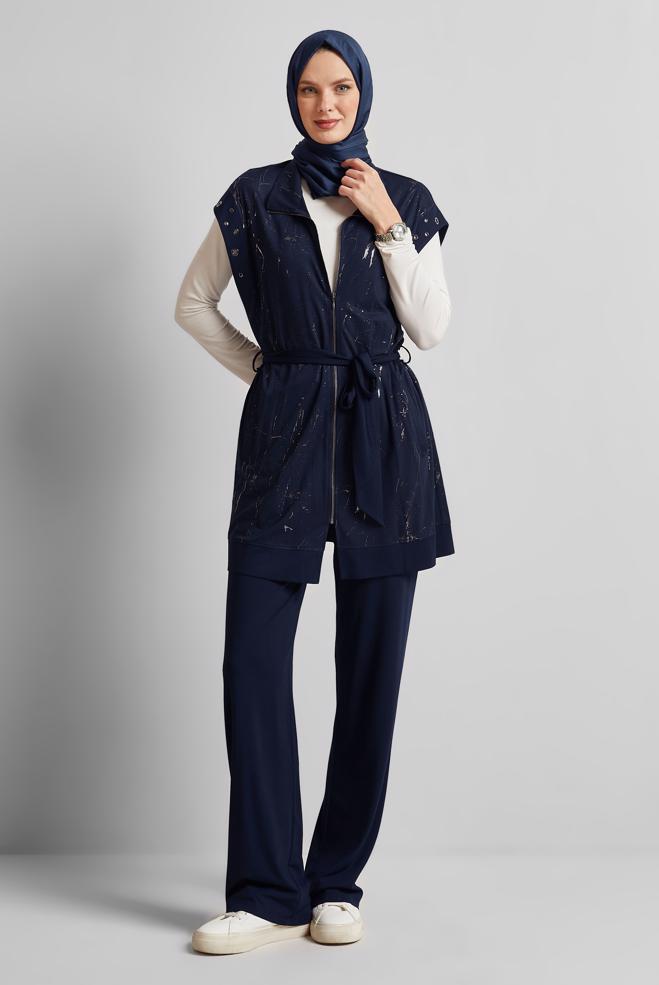 Hijab-Kleidung NAVY BLAU TRAININGSANZUG MIT GÜRTEL 45573 - ALVİNA