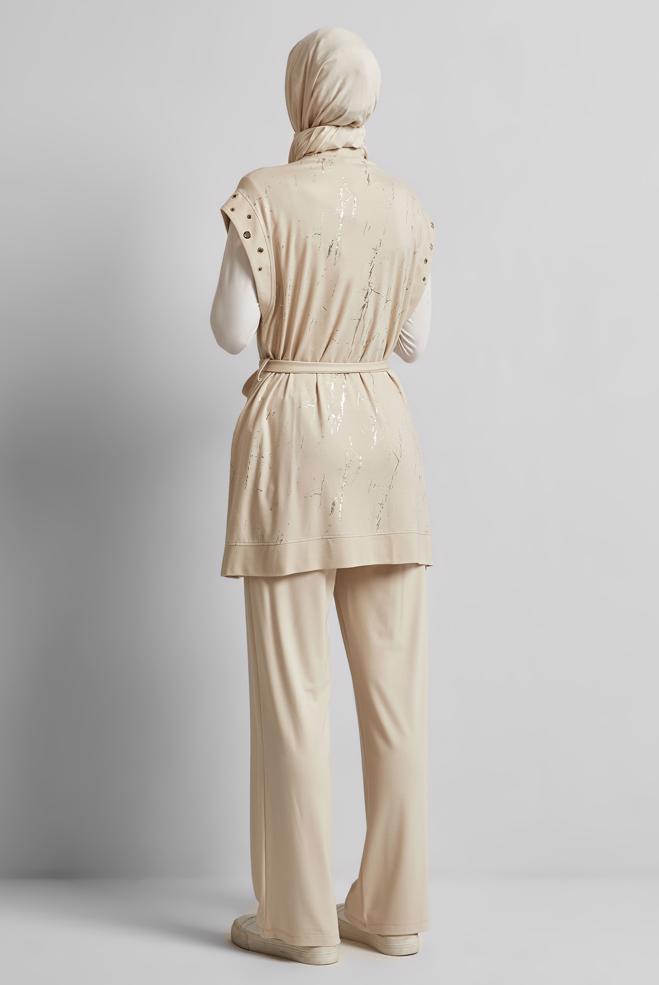 Vêtements hijab ÉCRUE ENSEMBLE DE SURVÊTEMENT CEINTURÉ 45573 - ALVİNA