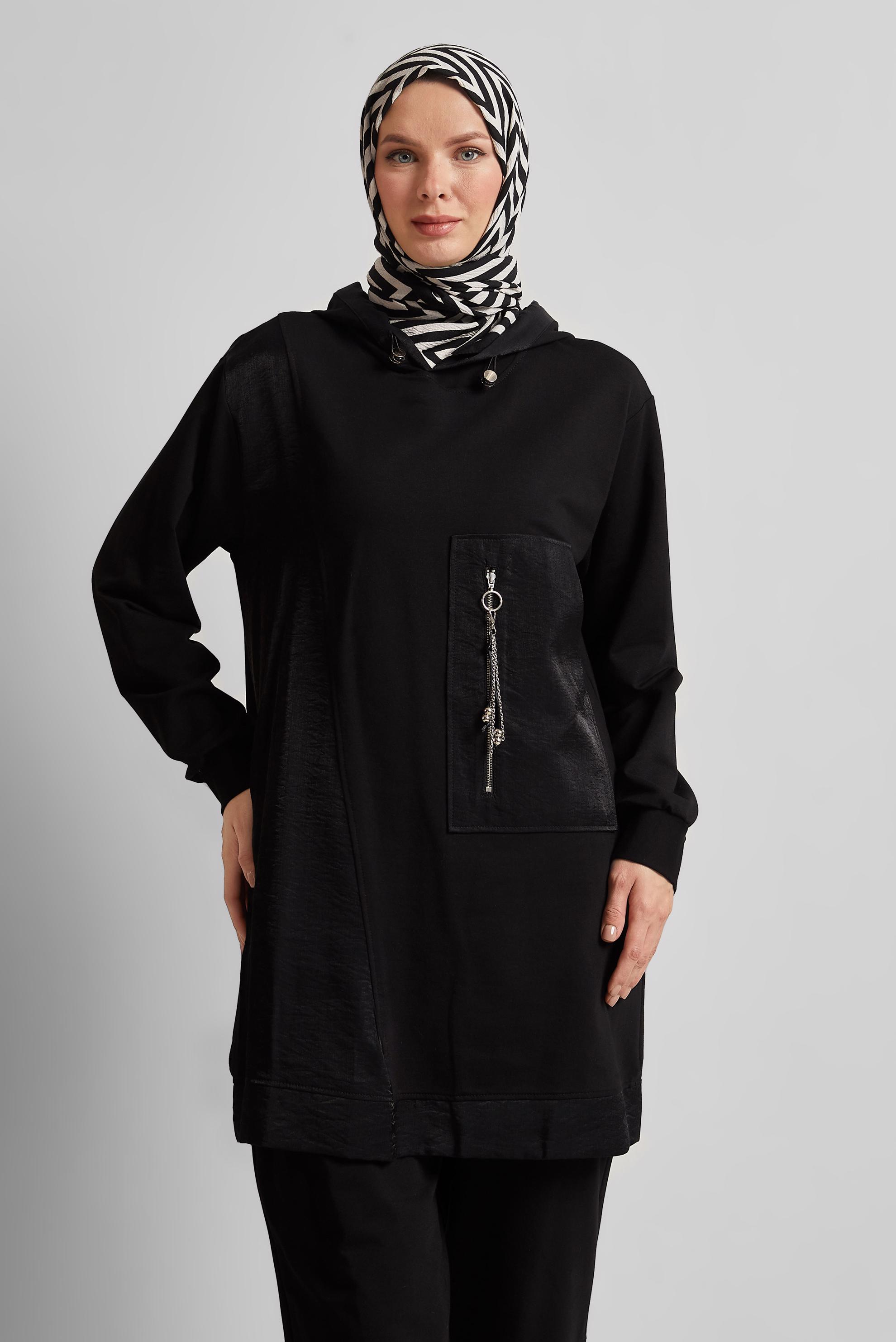 Tesettür giyim SİYAH KAPÜŞONLU PANTOLONLU EŞOFMAN TAKIM 45574