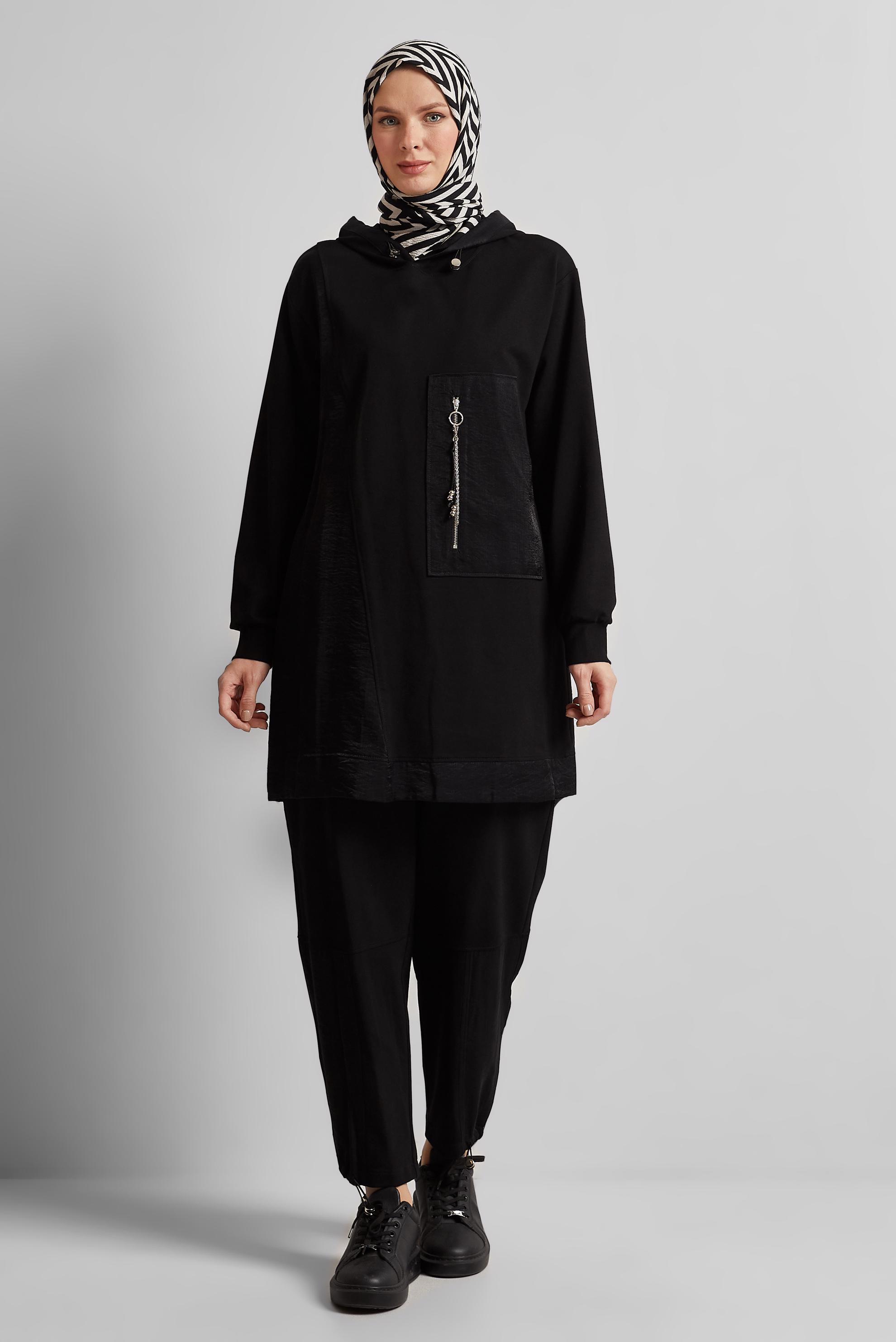 Tesettür giyim SİYAH KAPÜŞONLU PANTOLONLU EŞOFMAN TAKIM 45574