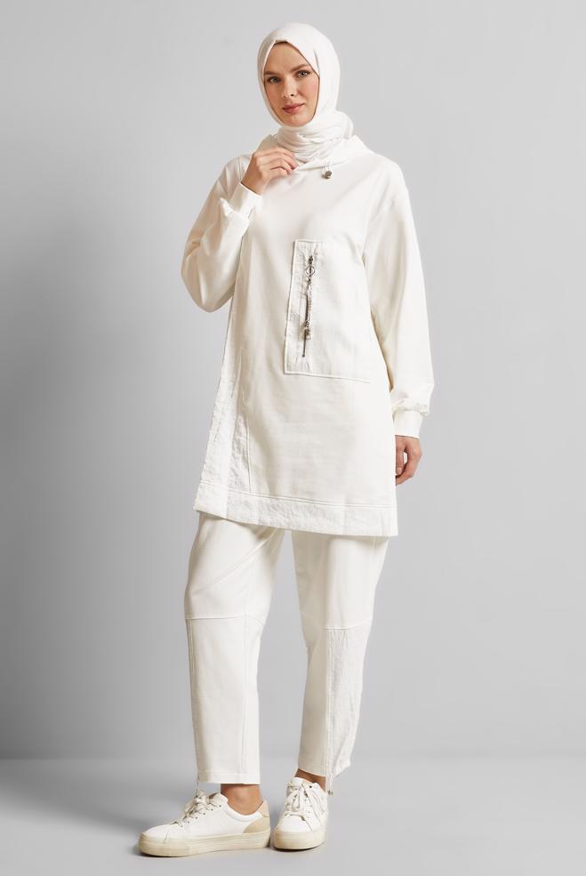 Hijab-Kleidung WEISS TRAININGSANZUG-SET MIT KAPUZE 45574 - ALVİNA