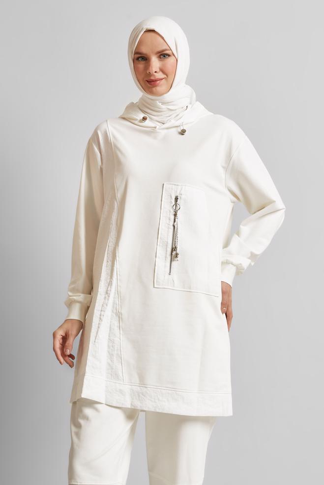 Hijab-Kleidung WEISS TRAININGSANZUG-SET MIT KAPUZE 45574 - ALVİNA