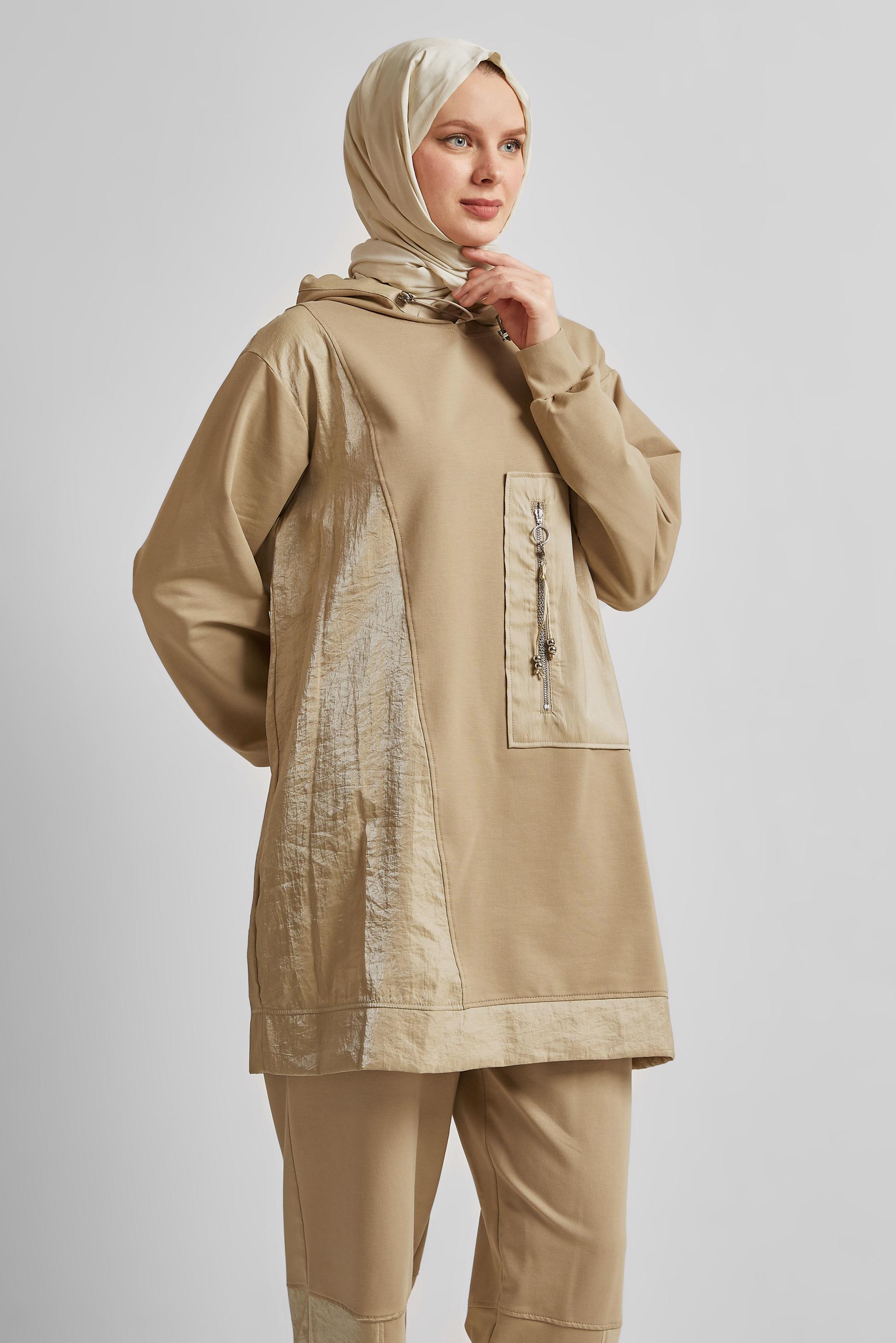 Tesettür giyim KUM KAPÜŞONLU PANTOLONLU EŞOFMAN TAKIM 45574