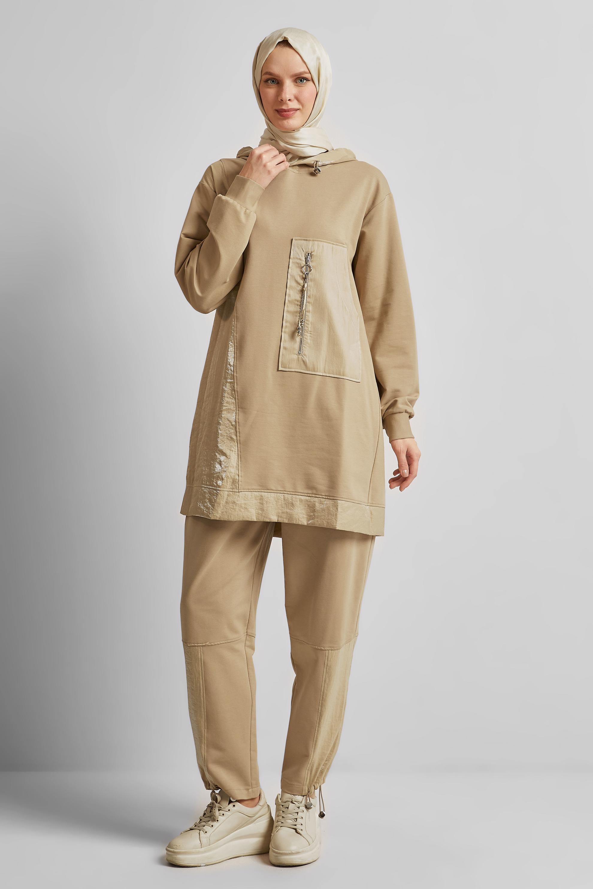 Tesettür giyim KUM KAPÜŞONLU PANTOLONLU EŞOFMAN TAKIM 45574