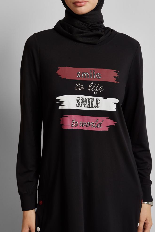 Hijab clothing BLACK SLOGAN PRINTED TRACKSUIT TUNIC 45603 - ALVİNA