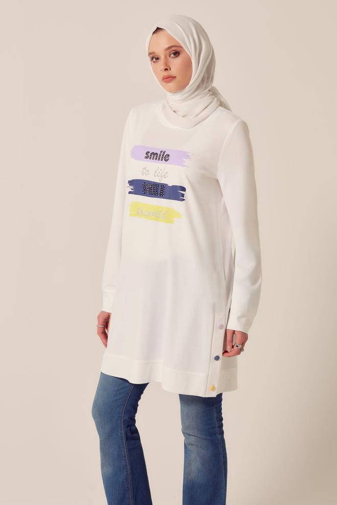 Vêtements hijab BLANC TUNIQUE DE SURVÊTEMENT IMPRIMÉE À SLOGAN 45603 - ALVİNA