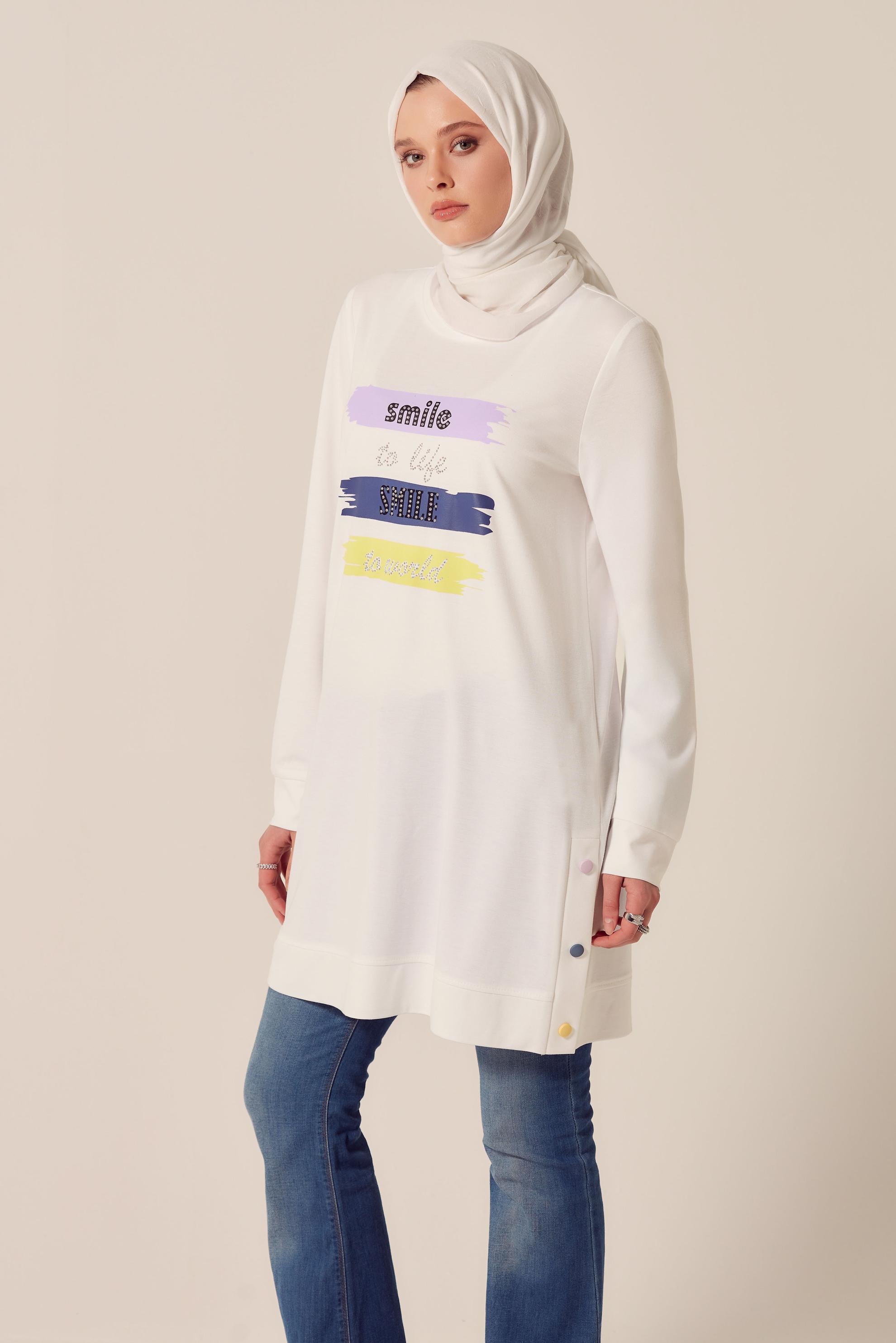 Vêtements hijab BLANC TUNIQUE DE SURVÊTEMENT IMPRIMÉE À SLOGAN 45603