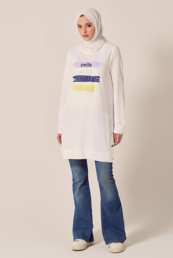 Vêtements hijab BLANC TUNIQUE DE SURVÊTEMENT IMPRIMÉE À SLOGAN 45603 - ALVİNA