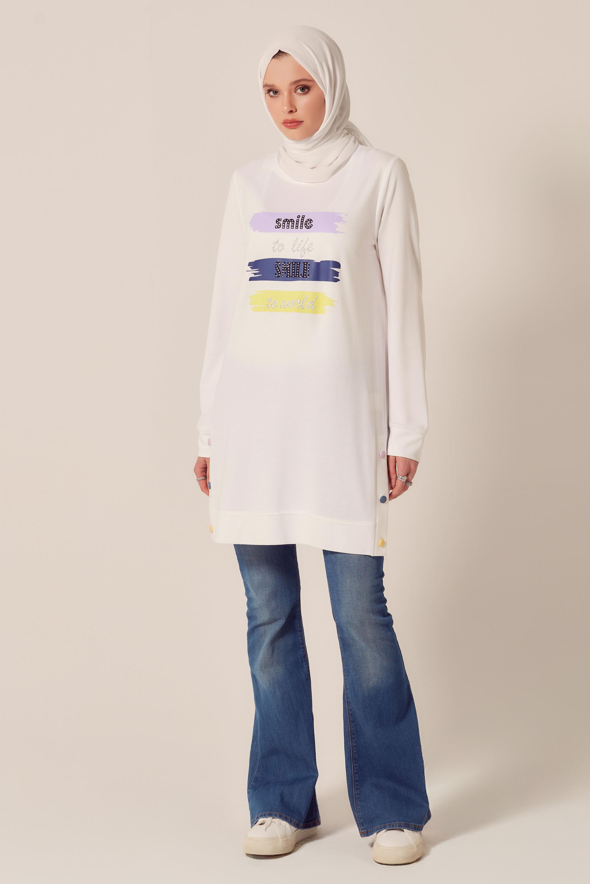 Vêtements hijab BLANC TUNIQUE DE SURVÊTEMENT IMPRIMÉE À SLOGAN 45603