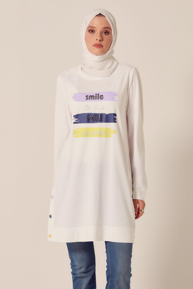 Vêtements hijab BLANC TUNIQUE DE SURVÊTEMENT IMPRIMÉE À SLOGAN 45603 - ALVİNA