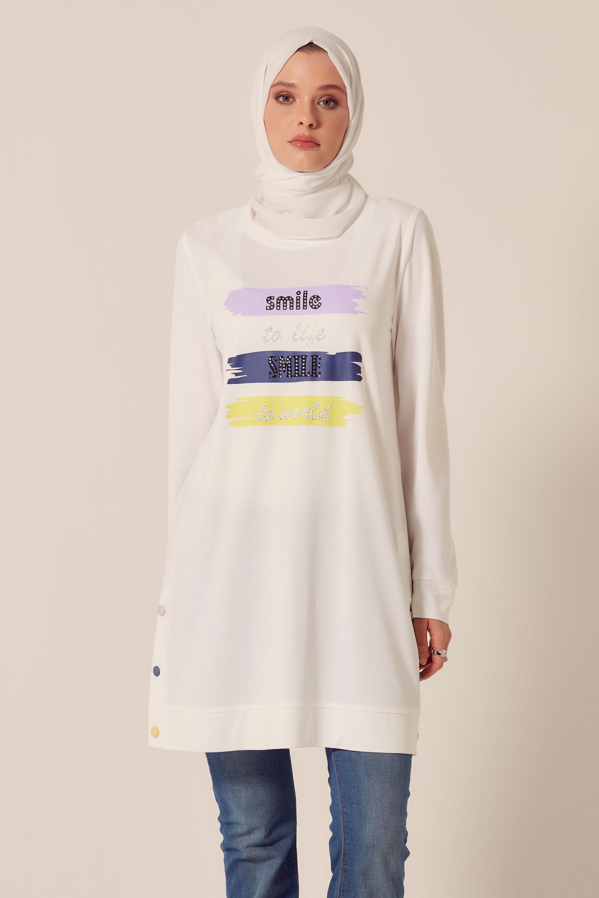 Vêtements hijab BLANC TUNIQUE DE SURVÊTEMENT IMPRIMÉE À SLOGAN 45603