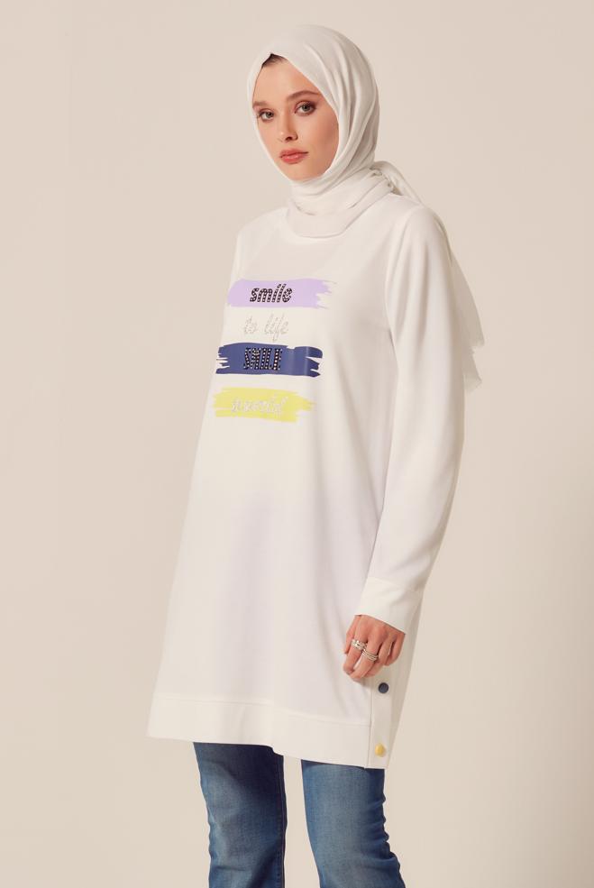 Vêtements hijab BLANC TUNIQUE DE SURVÊTEMENT IMPRIMÉE À SLOGAN 45603 - ALVİNA