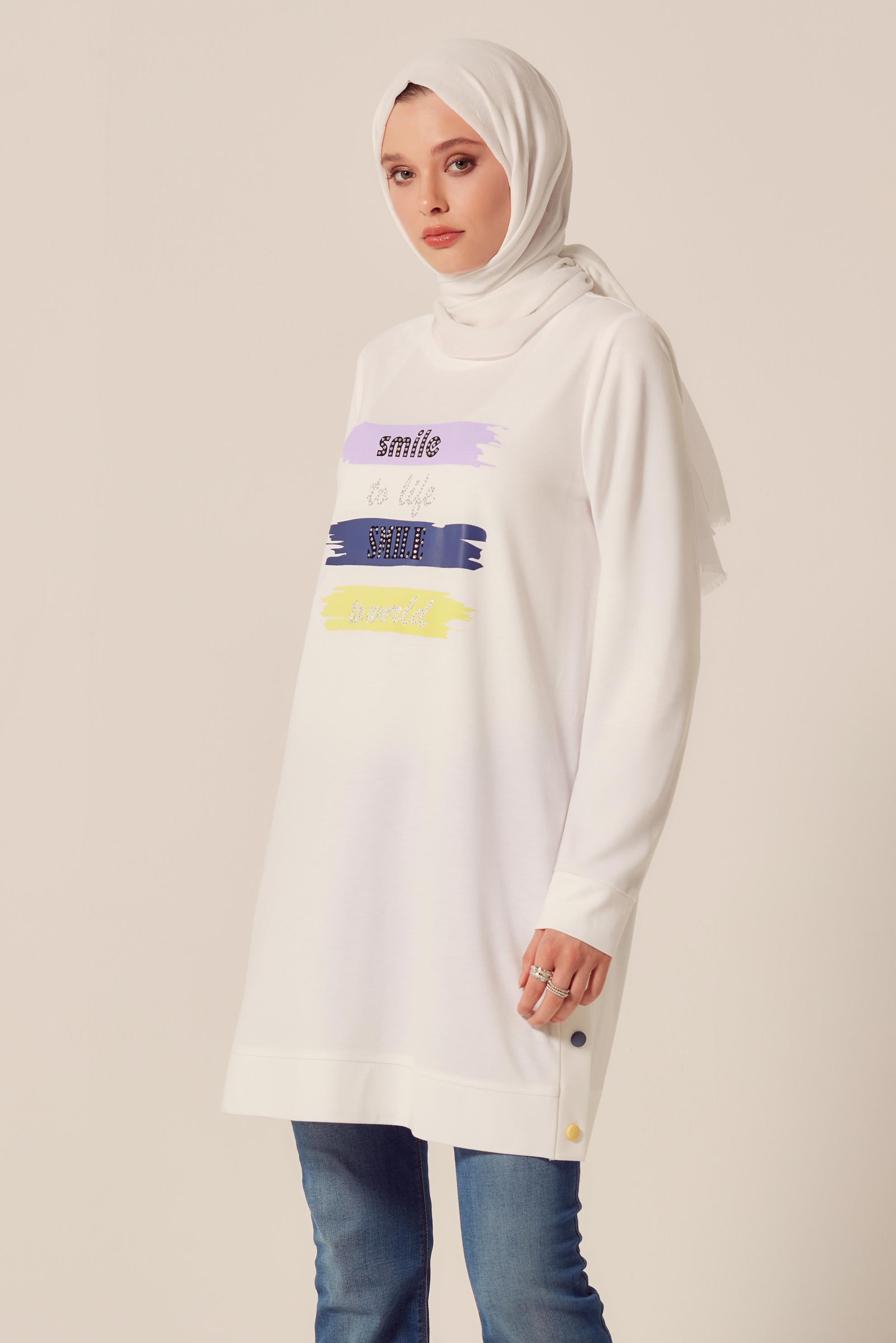 Vêtements hijab BLANC TUNIQUE DE SURVÊTEMENT IMPRIMÉE À SLOGAN 45603