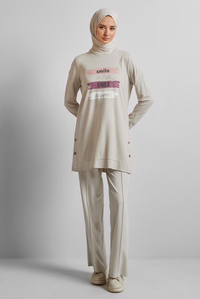 Hijab clothing BEIGE SLOGAN PRINTED TRACKSUIT TUNIC 45603 - ALVİNA