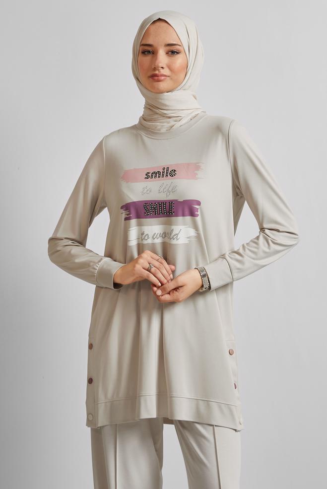 Hijab clothing BEIGE SLOGAN PRINTED TRACKSUIT TUNIC 45603 - ALVİNA