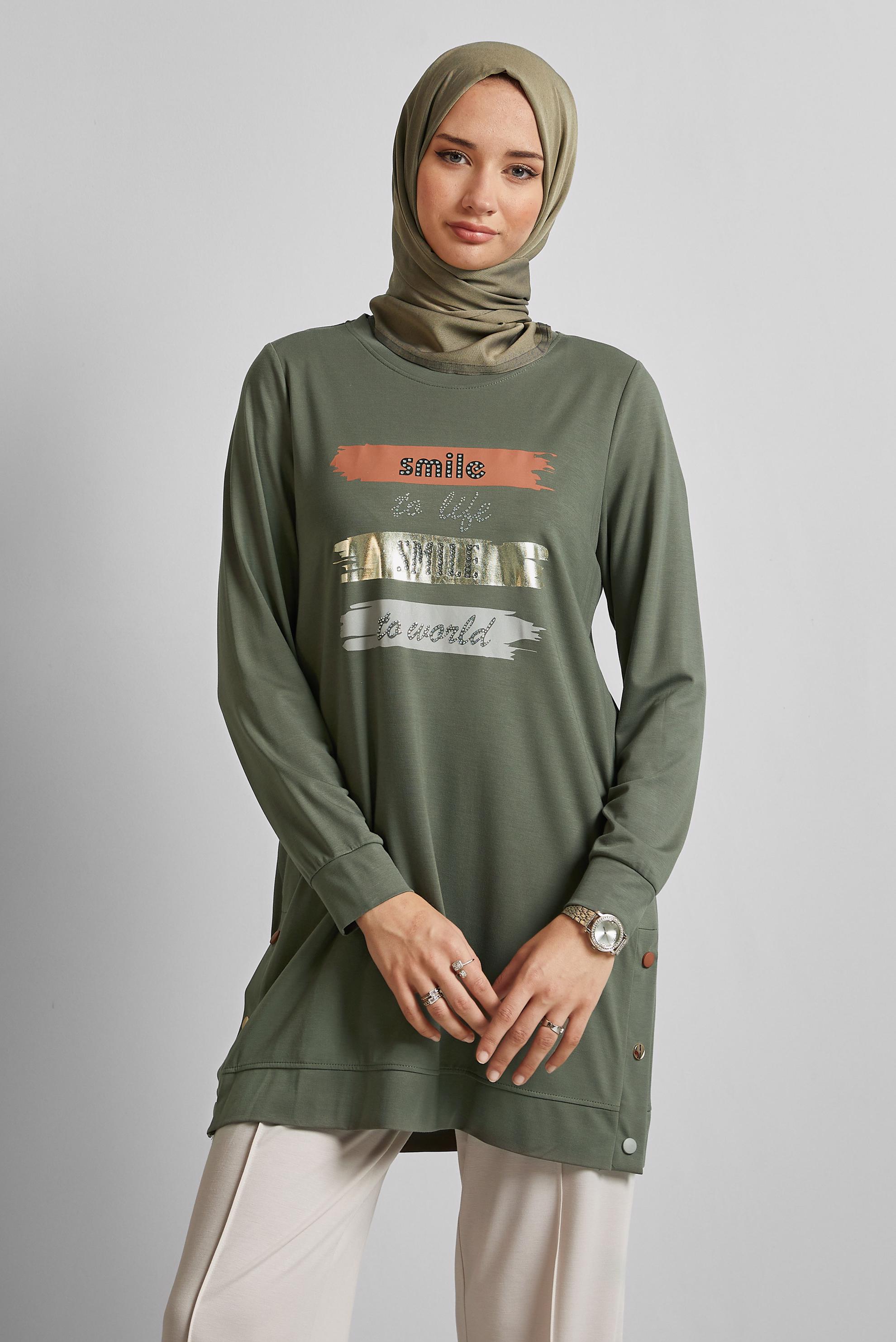 Vêtements hijab KAKI TUNIQUE DE SURVÊTEMENT IMPRIMÉE À SLOGAN 45603