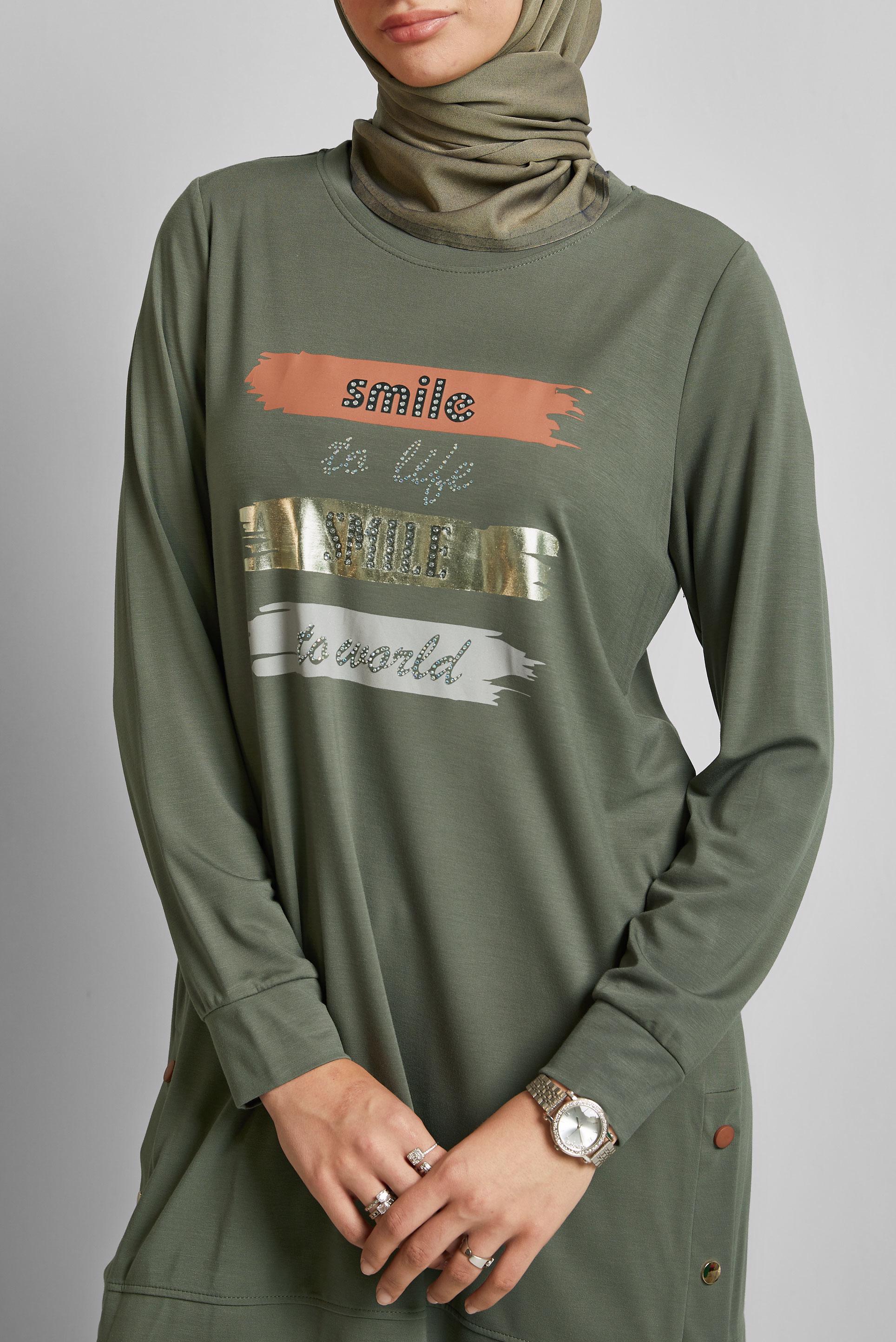 Vêtements hijab KAKI TUNIQUE DE SURVÊTEMENT IMPRIMÉE À SLOGAN 45603