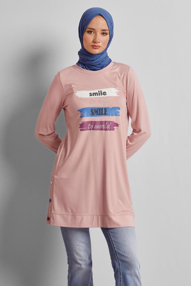 Vêtements hijab POUDRE TUNIQUE DE SURVÊTEMENT IMPRIMÉE À SLOGAN 45603 - ALVİNA