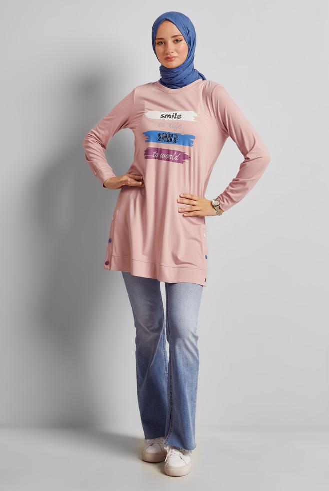 Vêtements hijab POUDRE TUNIQUE DE SURVÊTEMENT IMPRIMÉE À SLOGAN 45603 - ALVİNA