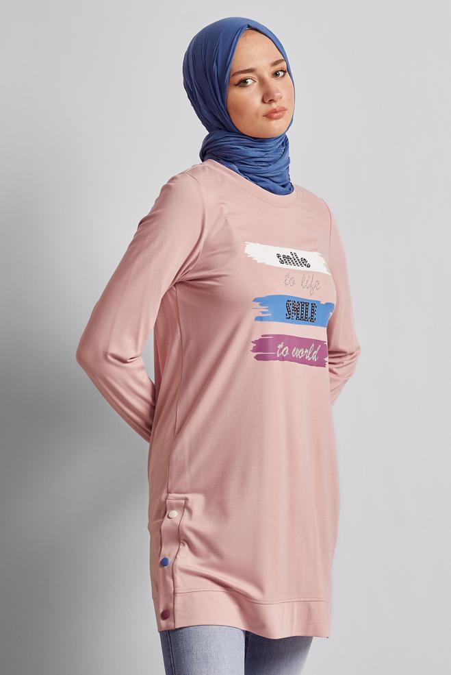 Vêtements hijab POUDRE TUNIQUE DE SURVÊTEMENT IMPRIMÉE À SLOGAN 45603 - ALVİNA