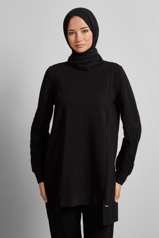 Vêtements hijab NOIR TUNIQUE DE SURVÊTEMENT EN COTON 45627 - ALVİNA