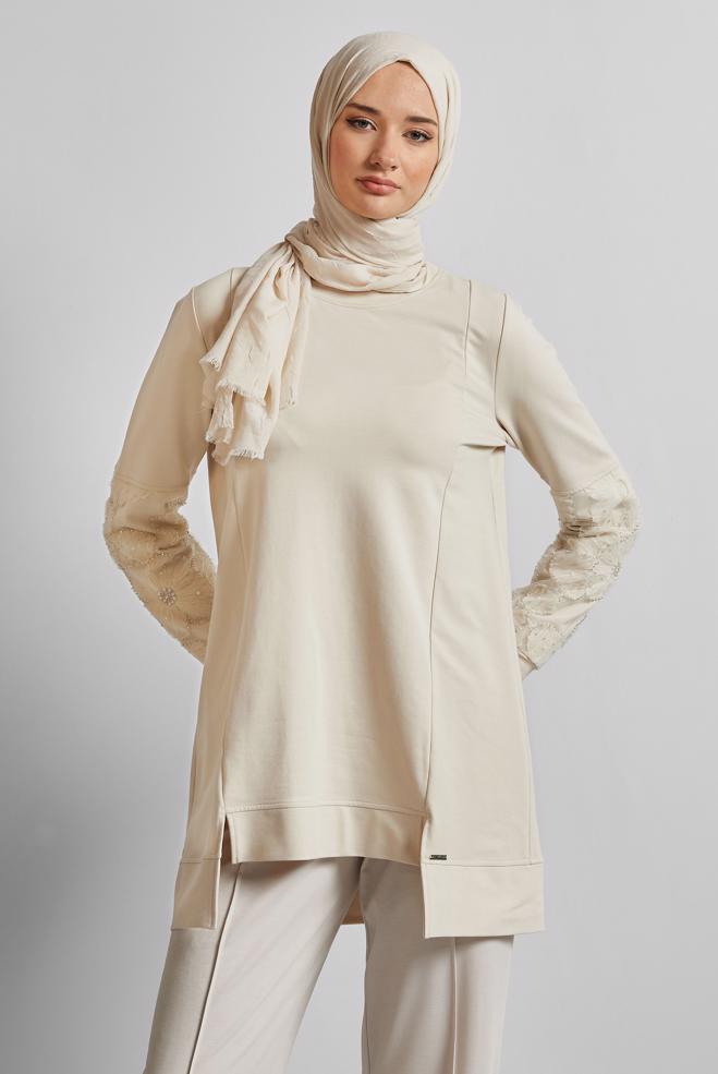 Hijab clothing BEIGE COTTON TRACKSUIT TUNIC 45627 - ALVİNA