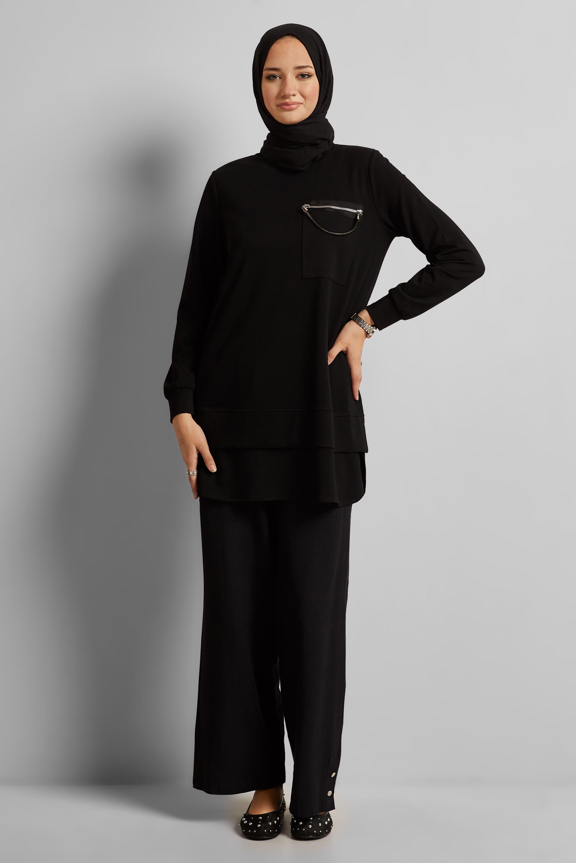 Tesettür giyim SİYAH ZİNCİR DETAYLI EŞOFMAN TUNİK 45628